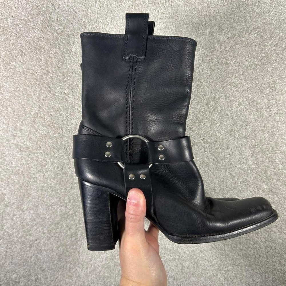 Vintage women's black leather platform heel engineer western boots Size 7 M